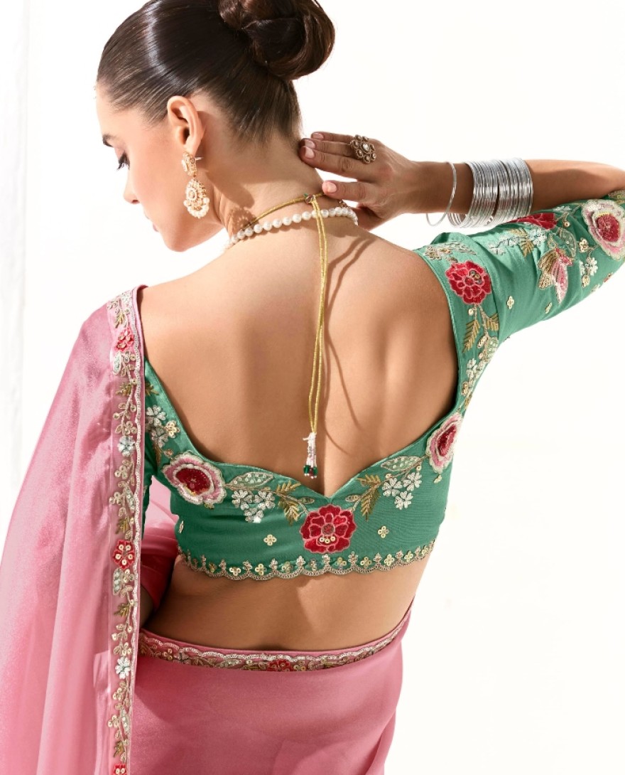 2224 - AMAZING LIGHT PINK BORDER WROK TISSUE SILK ENGAGEMENT WEAR SAREE